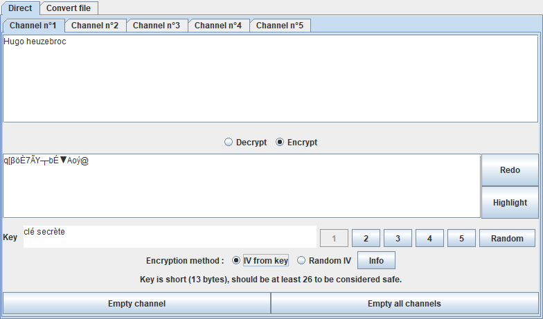 Cryptage et décryptage de texte saisi directement dans le logiciel.