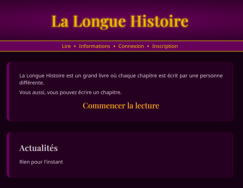 Un forum d'écriture collaborative par chapitres entre utilisateurs anonymes. Développé pendant mon BTS pour m'exercer.