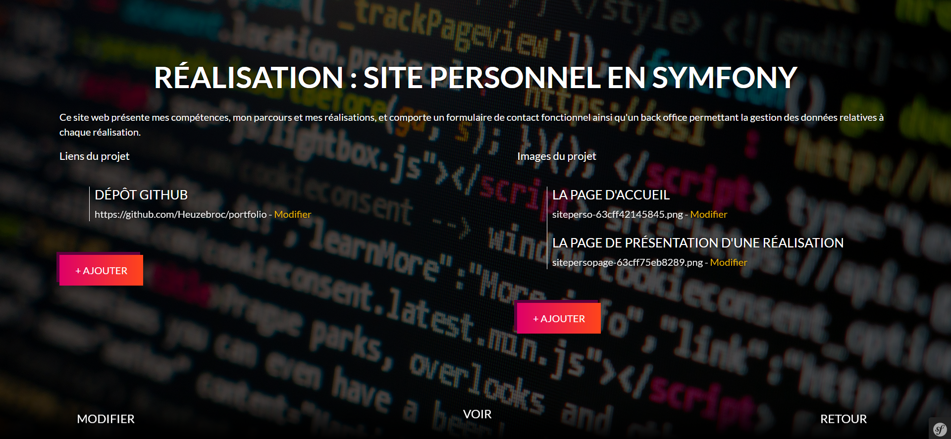 Le back-office : page d'administration d'une réalisation